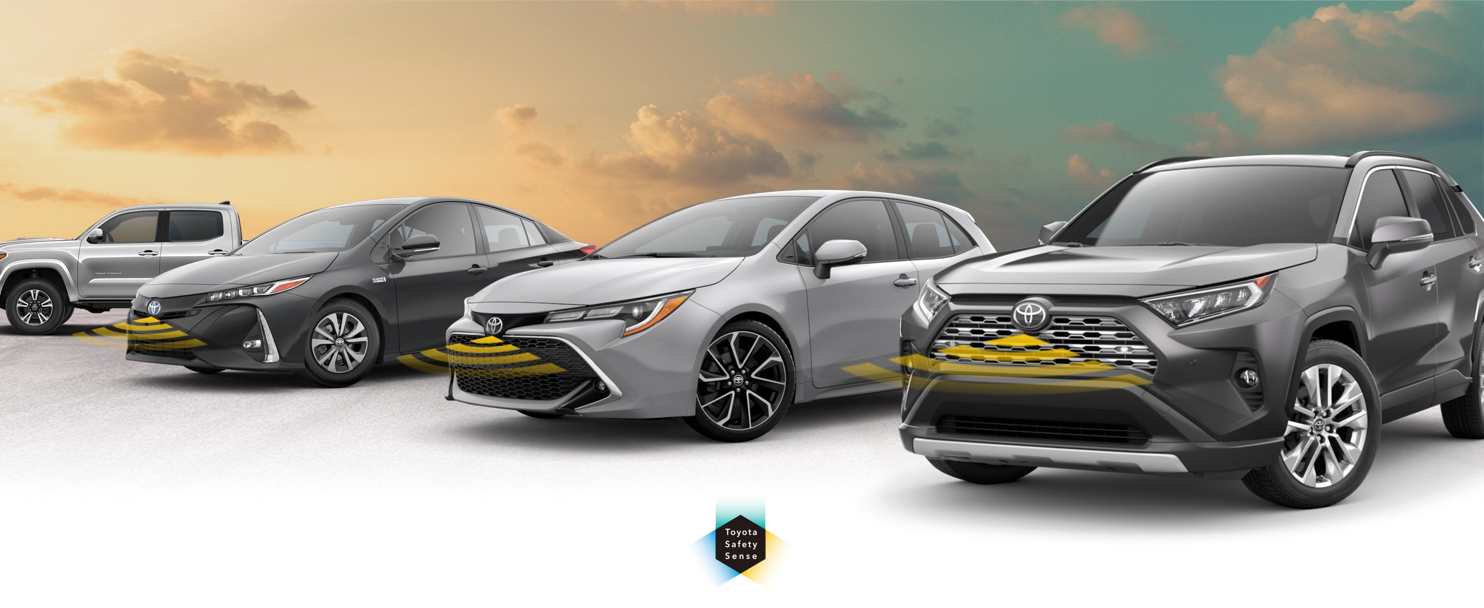 Toyota Safety Sense: Designed for Safety. Options shown on Toyota models including RAV4, Tacoma, and Camry, available now at Atlantic Toyota in West Islip NY.